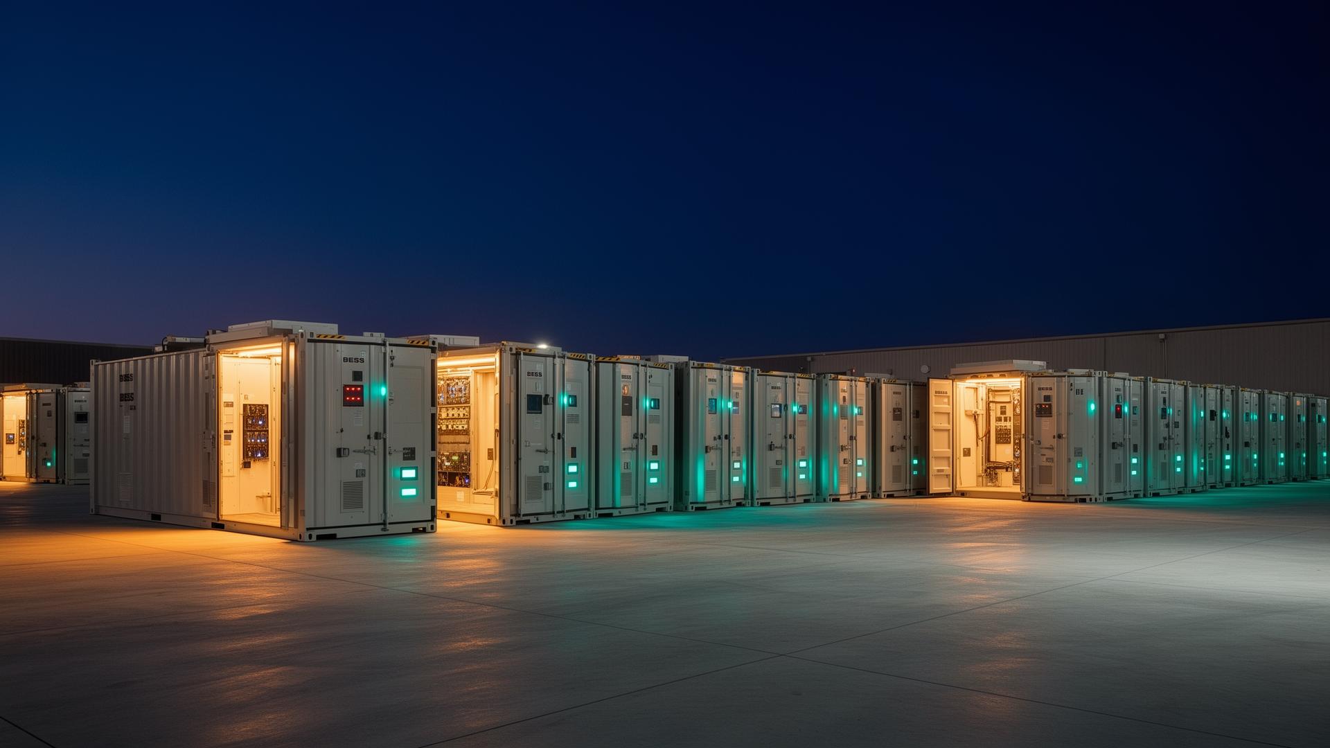 Battery energy storage installation at dusk