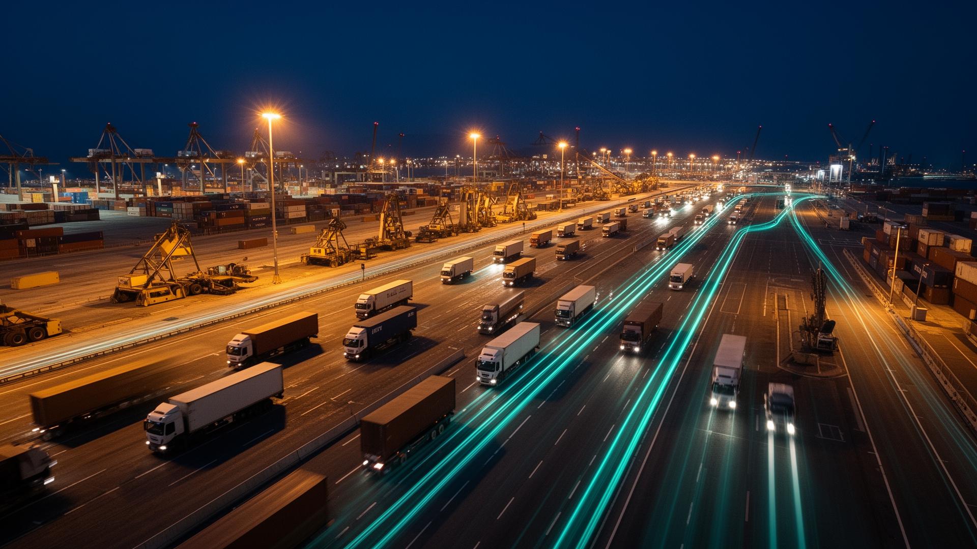 Port logistics movement at dusk